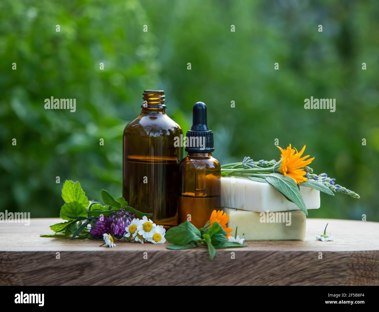 Fresh herbs, oil bottles and natural soap for aromatherapy, massage and spa, medicinal plants and herbs composition outside in the garden, natural spa Stock Photo
