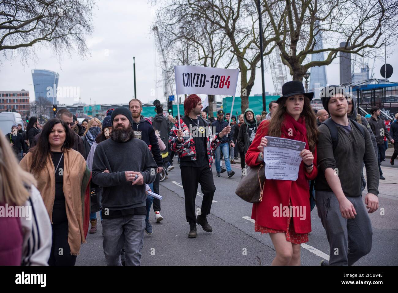 London, 20th March, 2021.  Draconian opinions during Anti-lockdown protests in London, UK. Credit: Kevin Seivwright/Alamy Live News. Stock Photo