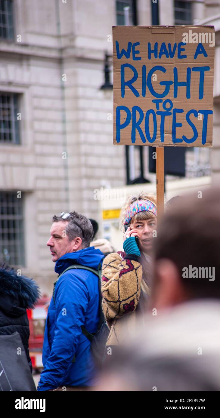 London, 20th March, 2021. Right to protest during Anti-lockdown protests in London, UK. Credit: Kevin Seivwright/Alamy Live News. Stock Photo