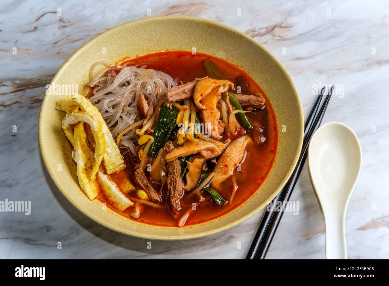 Spicy Korean beef soup yukgaejang with sweet potato glass noodles Stock