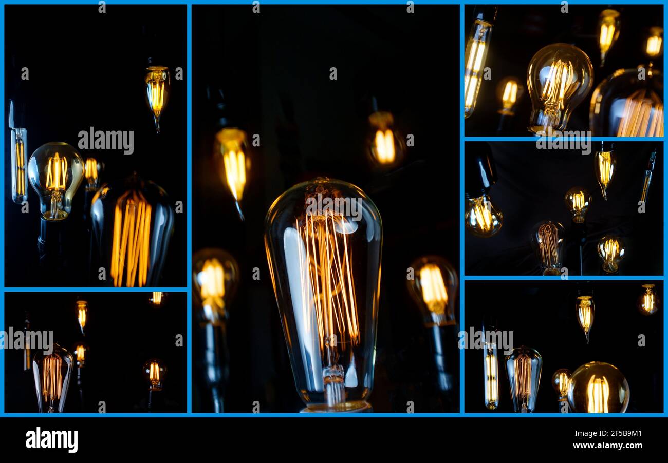 Many hanging decorative antique edison style lightbulbs in patchwork collage Stock Photo