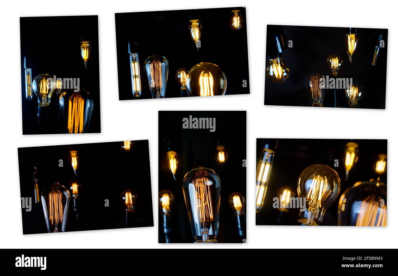 Many hanging decorative antique edison style lightbulbs in patchwork collage Stock Photo