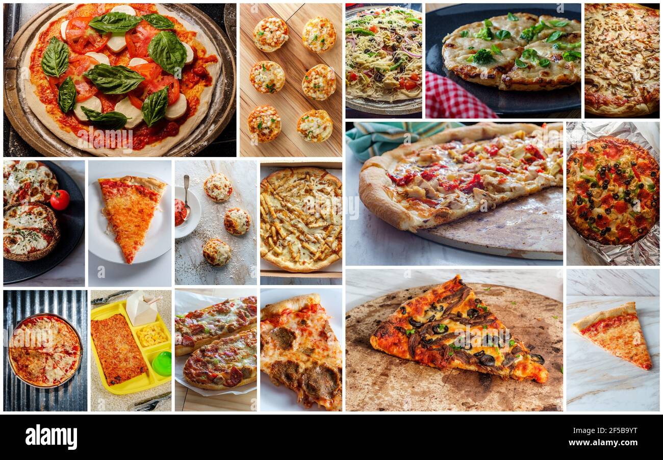 Collage of various different types of pizza and toppings Stock Photo