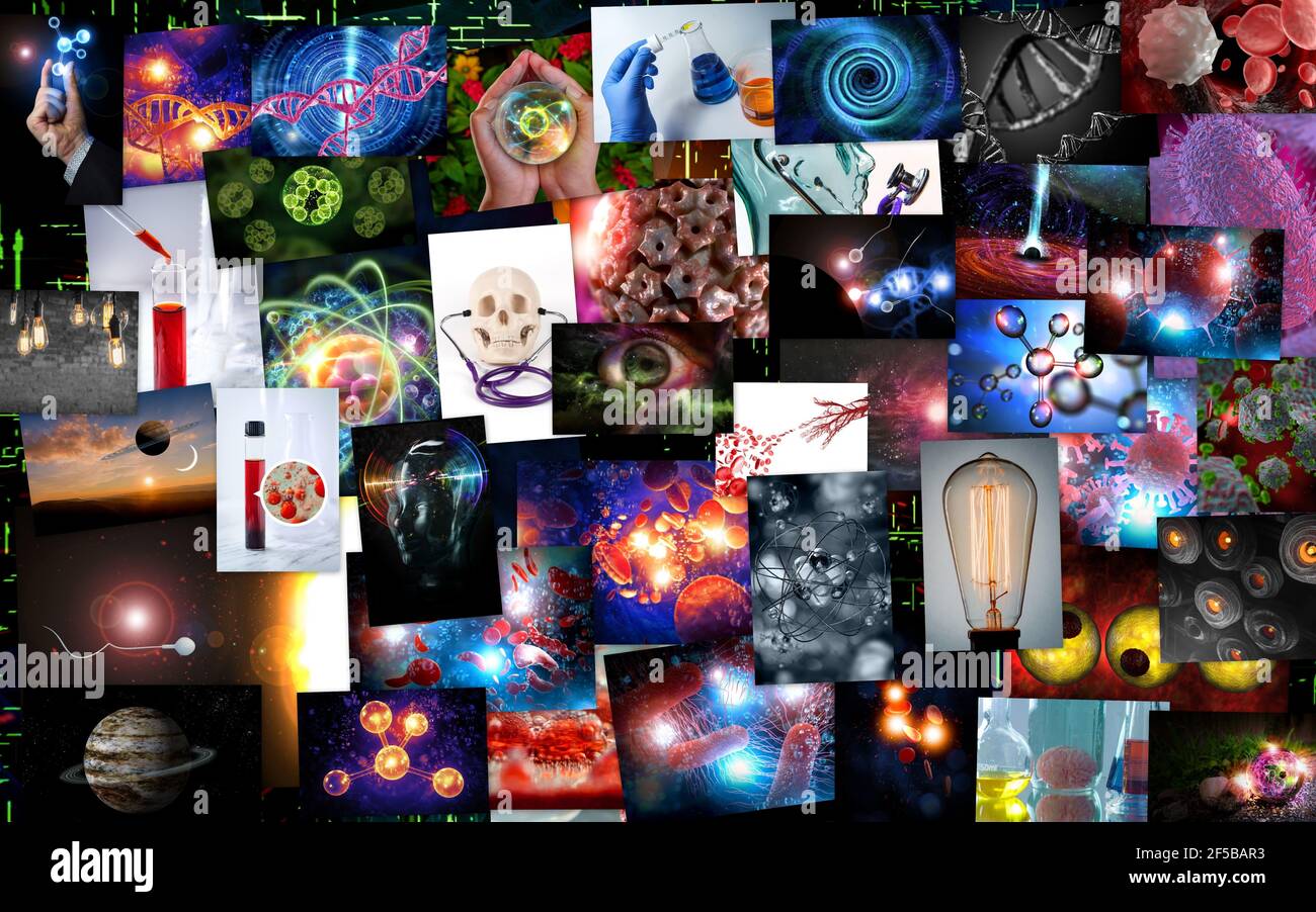 Gigantic science education collage featuring chemistry biology and physics images Stock Photo