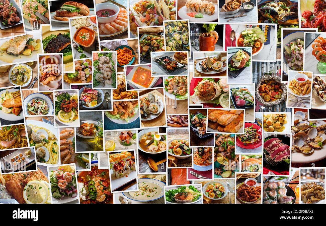 Popular seafood dishes from around the world in huge collage Stock