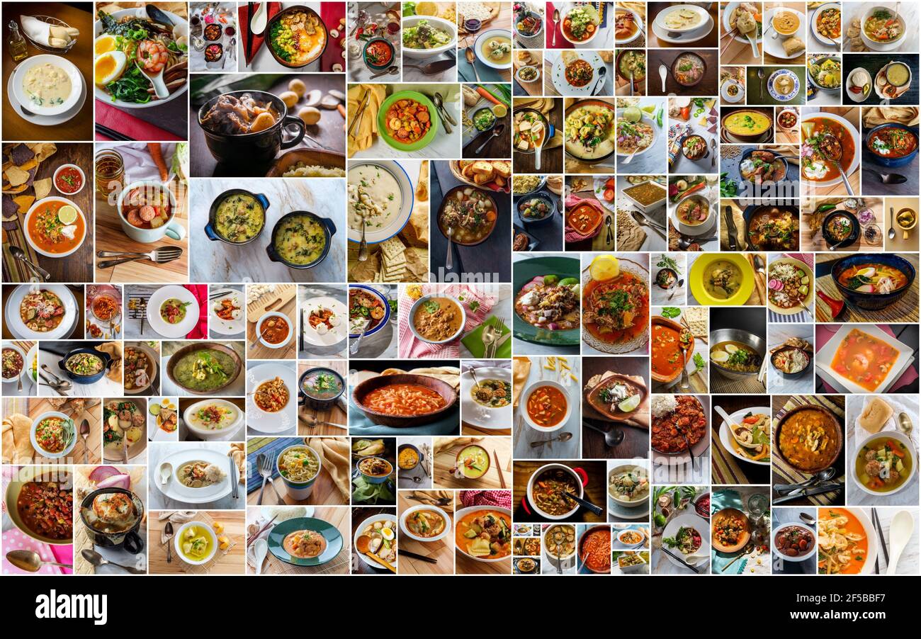 Huge collage of lots of popular soups and stews from around the world