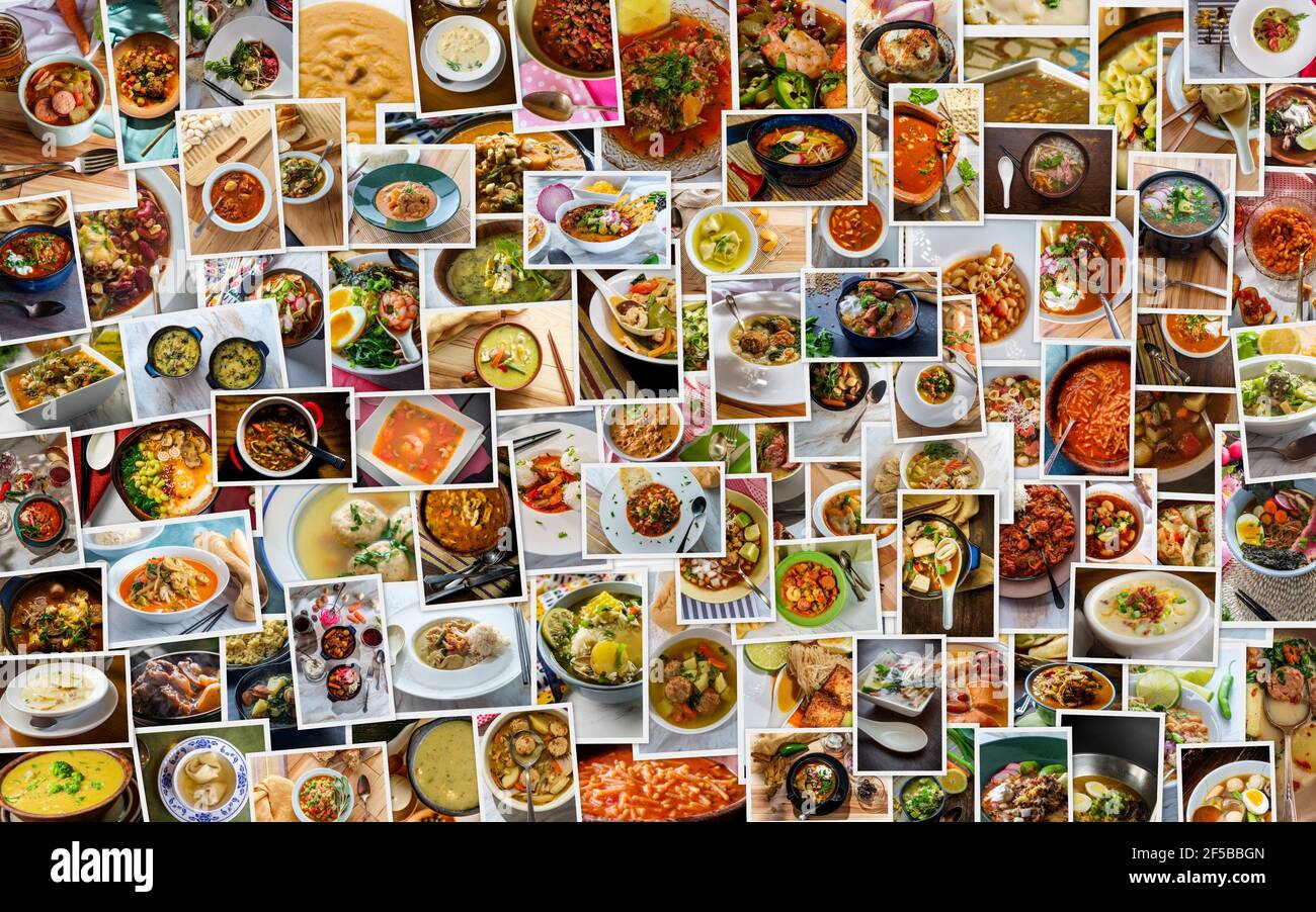 Huge collage of lots of popular soups and stews from around the world