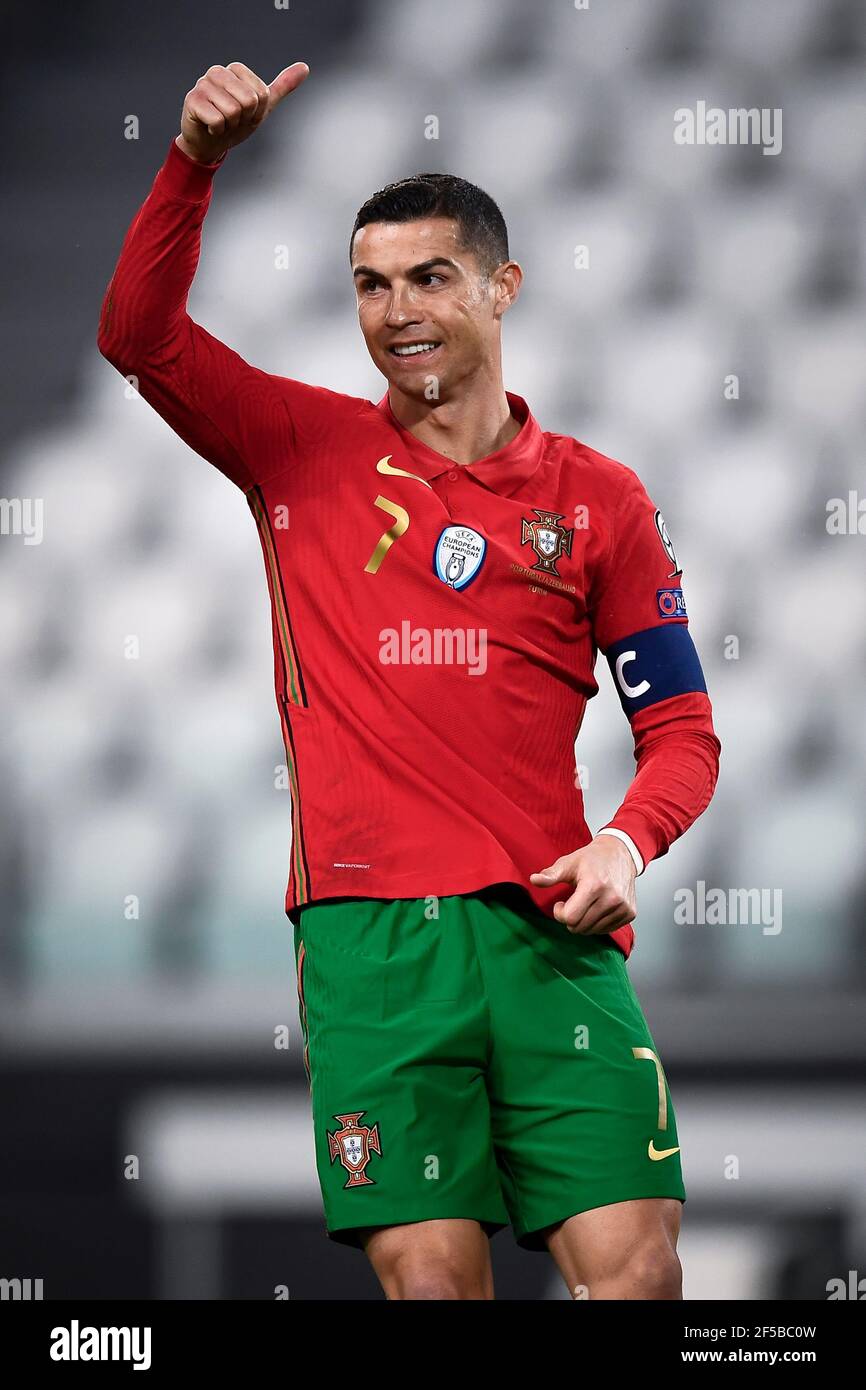 Turin, Italy - 24 March, 2021: Cristiano Ronaldo of Portugal gestures  during the FIFA World Cup 2022 Qatar qualifying football match between  Portugal and Azerbaijan. Portugal face Azerbaijan at a neutral venue
