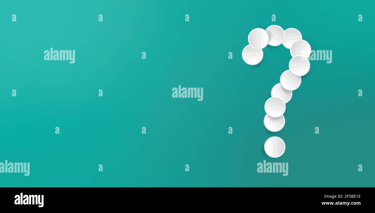 Pharmaceutical pills on a green background. Concept question mark Stock Vector