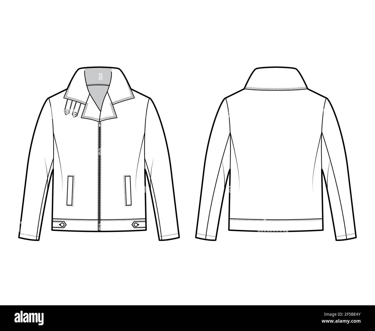 Zip-up Bomber leather jacket technical fashion illustration with tabs, oversized, thick collar, long sleeves, welt pockets. Flat coat template front back white color style. Women men unisex CAD mockup Stock Vector