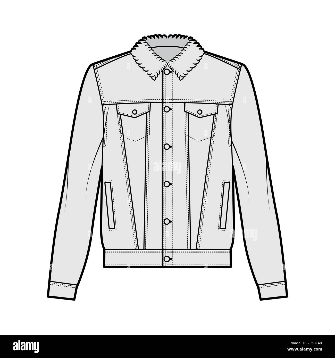 Sherpa lined denim jacket technical fashion illustration with oversized body, flap welt pockets, button closure, long sleeves. Flat apparel front, grey color style. Women, men unisex CAD mockup Stock Vector