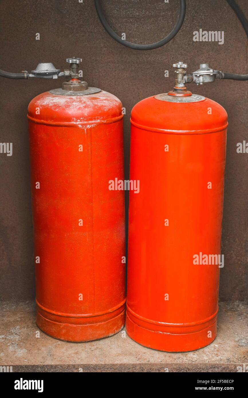 System for connecting two gas cylinders in the gas box of a residential building. Stock Photo