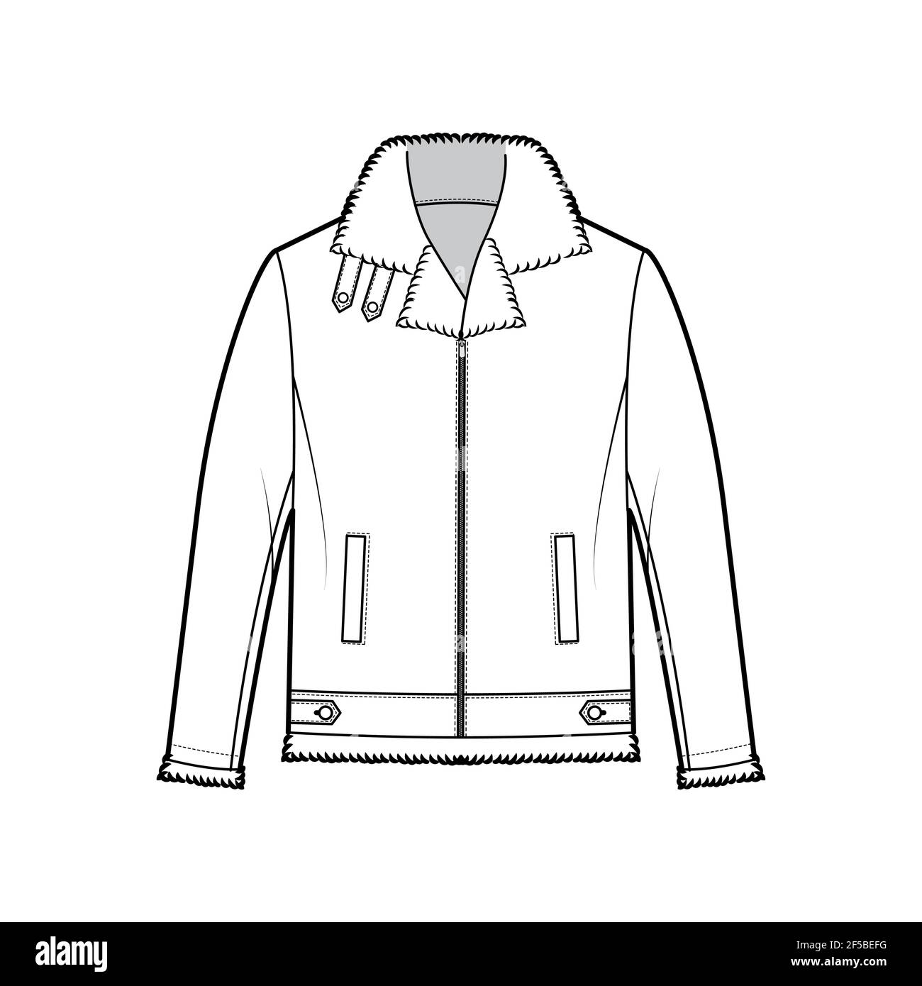 Zip-up Bomber leather jacket technical fashion illustration with fur shearing, oversized, thick collar, long sleeves, welt pockets. Flat coat template front white color style. Women men top CAD mockup Stock Vector