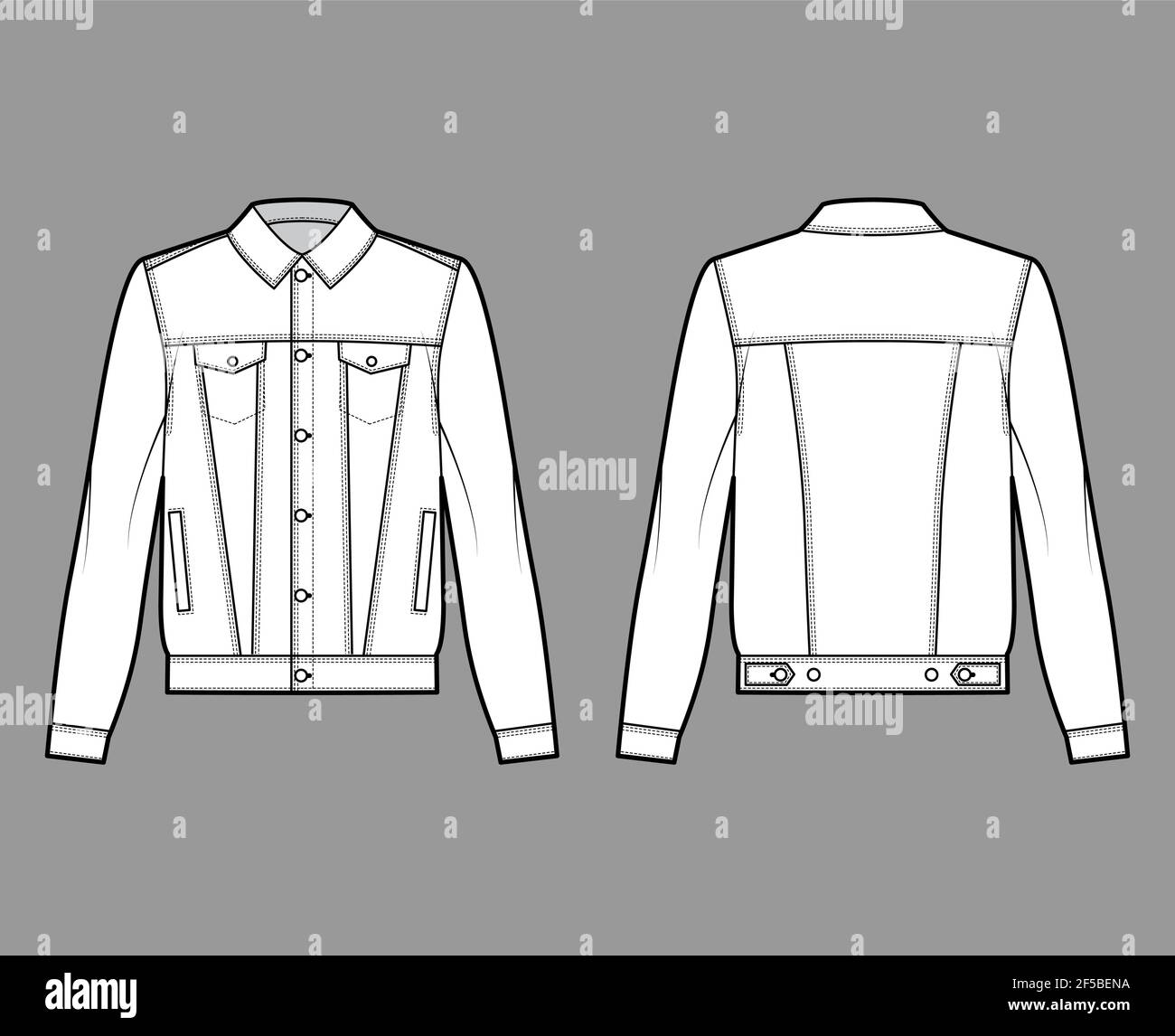 Standard denim jacket technical fashion illustration with oversized body, flap welt pockets, button closure, classic collar. Flat apparel front, back, white color style. Women, men unisex CAD mockup Stock Vector