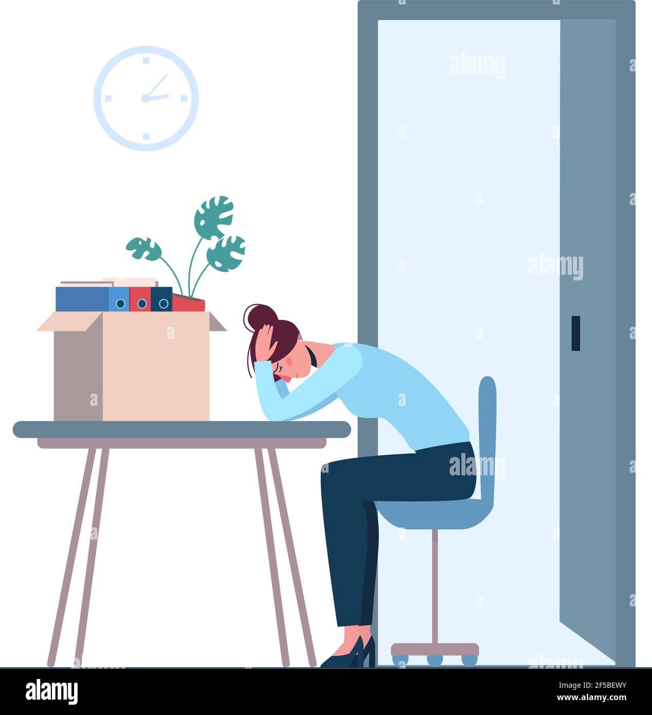 Dismissed woman crying in the office, depression. Job loss due to crisis, contraction, coronavirus, economic decline. Fired employee. Near the box with things. Vector flat, unemployment isolated. Stock Vector