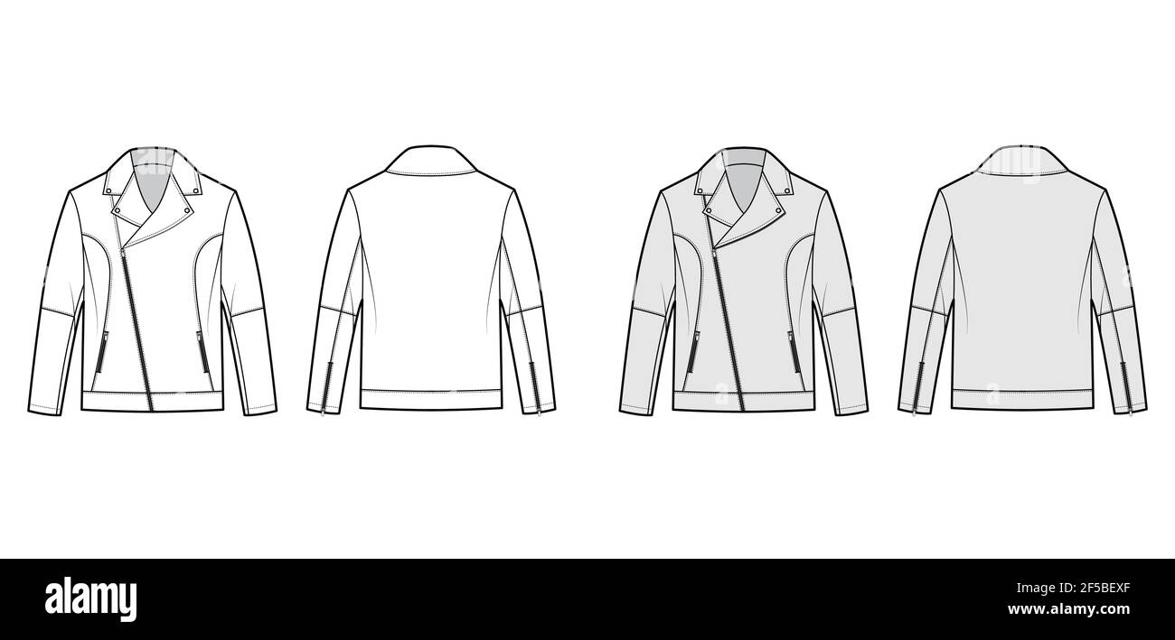 Zip-up biker jacket technical fashion illustration with oversized, front fold-over lapels collar, welt pockets, moto details. Flat coat template back white, grey color. Women men unisex top CAD mockup Stock Vector
