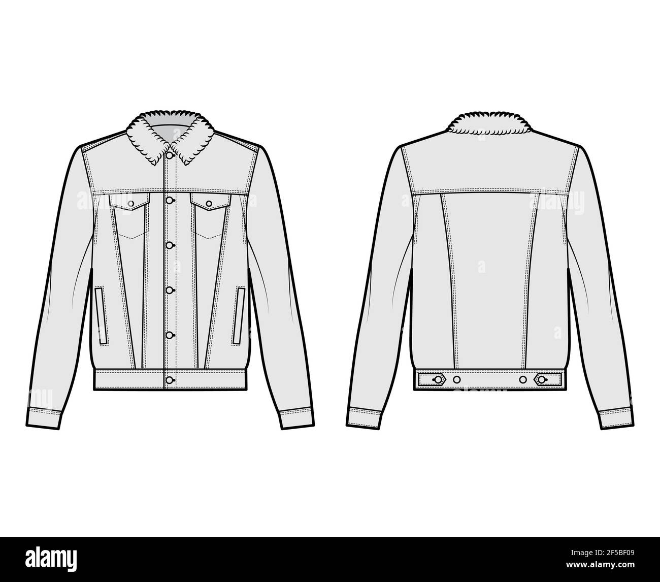 Sherpa lined denim jacket technical fashion illustration with oversized body, flap welt pockets, button closure, long sleeves. Flat apparel front, back, grey color style. Women, men unisex CAD mockup Stock Vector