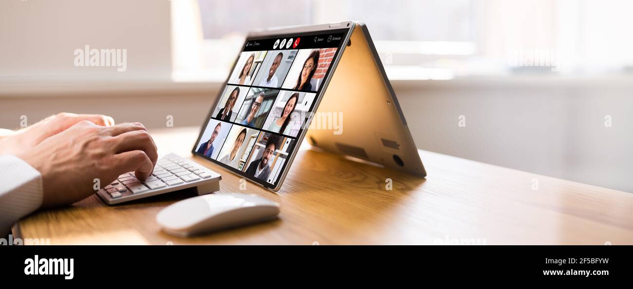 Virtual Business Presentation Or Videoconferencing On Hybrid Screen Stock Photo