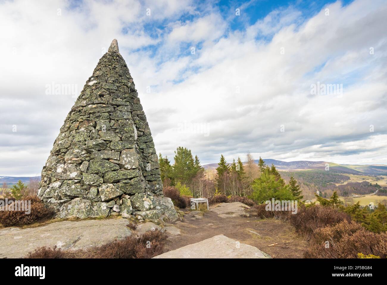 Balmoral purchase cairn looking down into Royal Deeside, Aberdeenshire Stock Photo