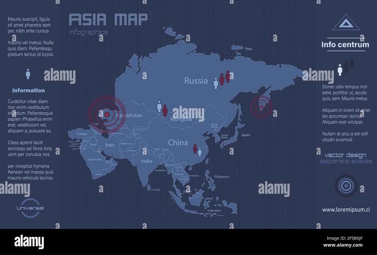 Asia map, individual states, infographics blue flat design vector Stock ...