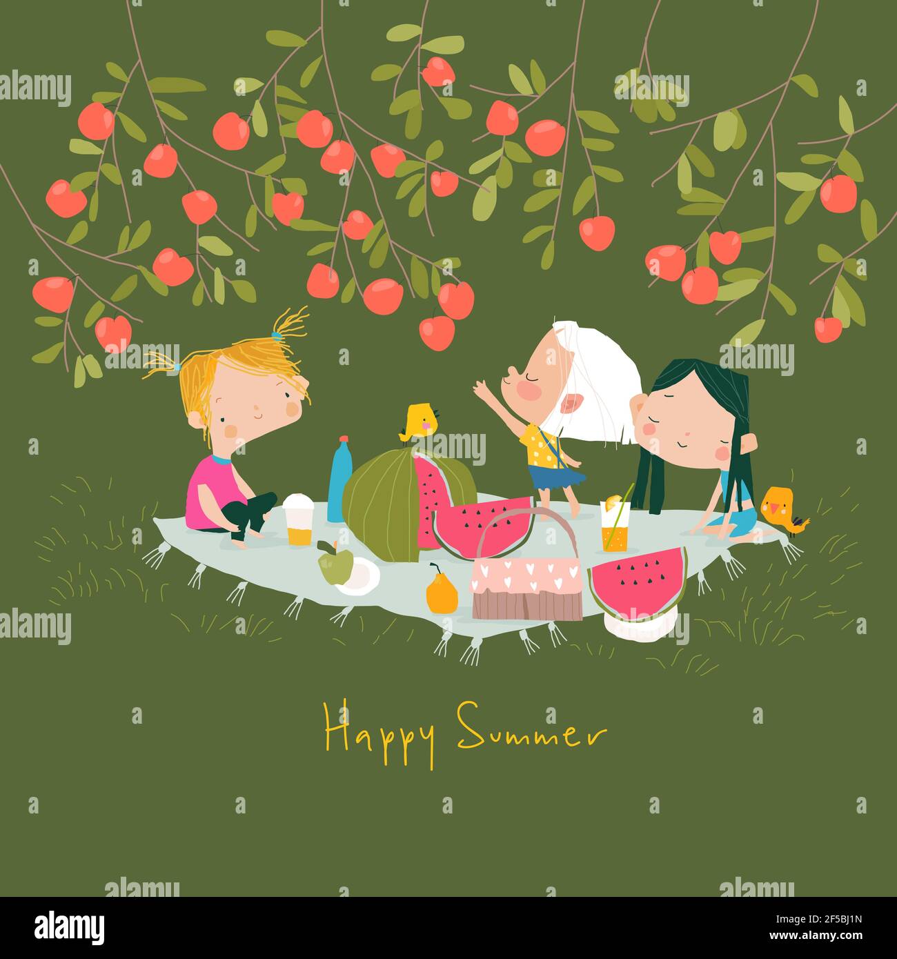 Happy children having picnic under apple tree. Hello summer Stock