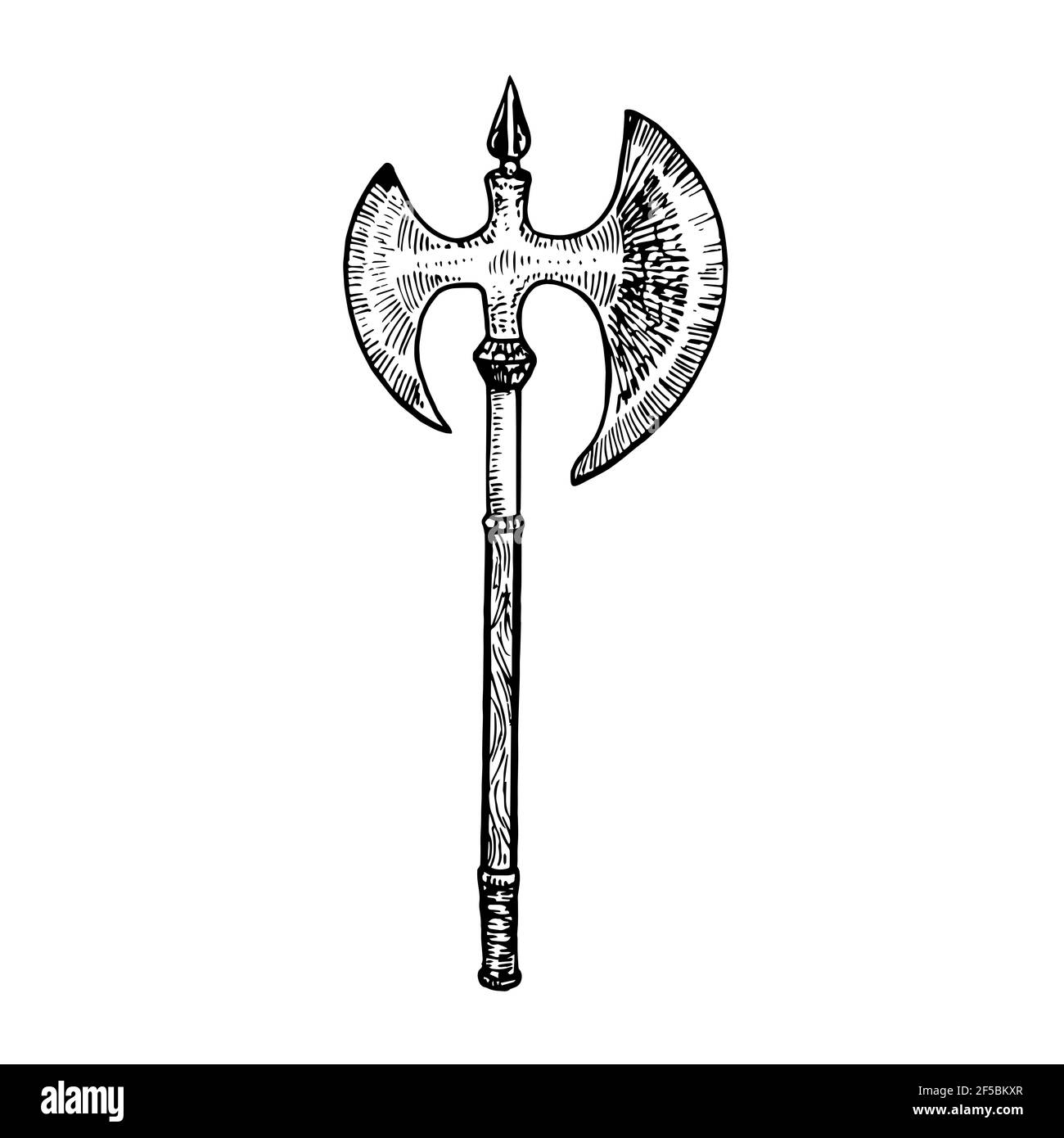 Battle axe with wooden handle, gravure style hand drawn outline illustration Stock Photo