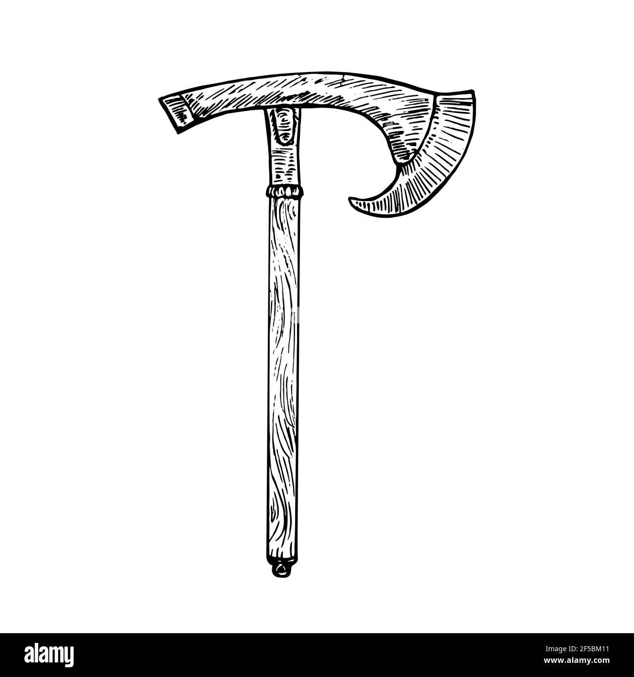 Battle axe with wooden handle, gravure style hand drawn outline illustration Stock Photo