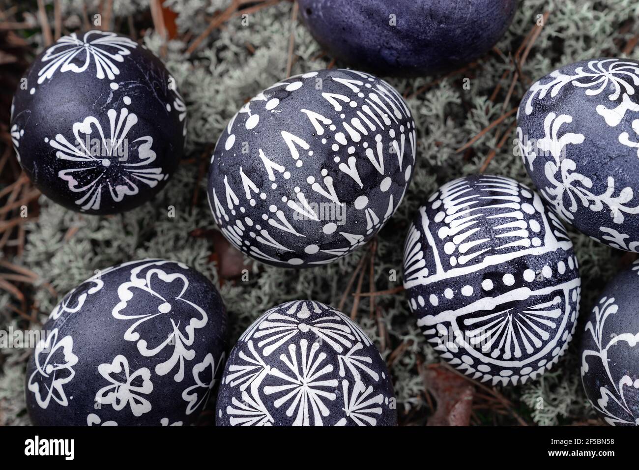 Traditional Easter eggs, painted with wax in black paint, called
