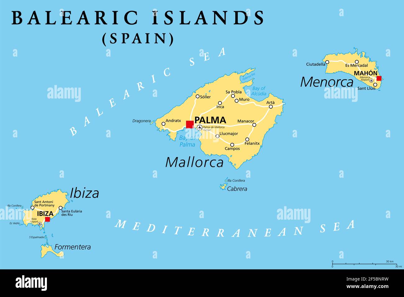 Balearic Islands, political map, with main islands Mallorca, Ibiza, Menorca and Formentera. Archipelago of islands in Spain in the Mediterranean Sea, Stock Photo