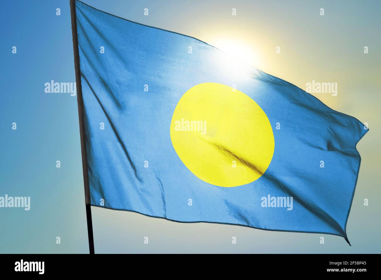 Palau flag waving on the wind in front of sun Stock Photo
