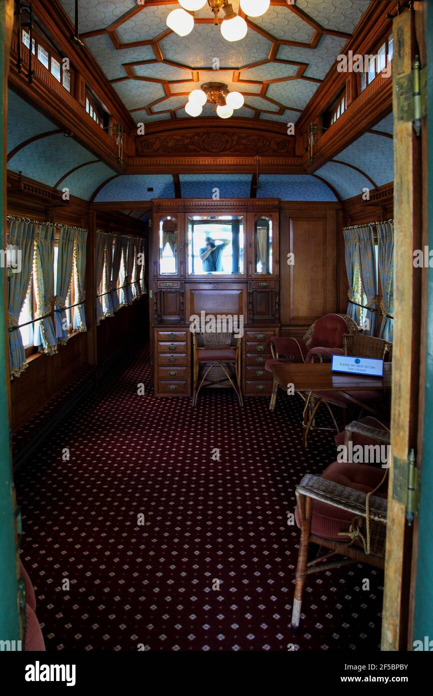 Flagler Museum, Palm Beach, Florida – Kenan Pavilion – Railcar number 91 – Henry Morrison Flagler's private railcar, known as a Palace on Wheels Stock Photo