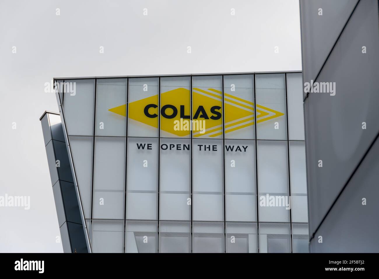 Logo at the top of the headquarters' building  of Colas, a French public works company subsidiary of the Bouygues group Stock Photo