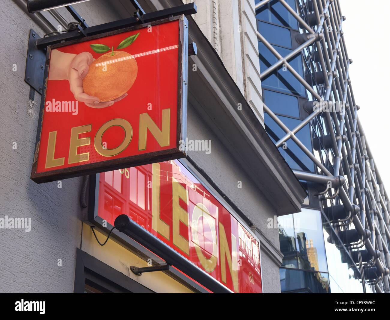 Outdoor Leon sign seen in central London, Cannon Street. Stock Photo