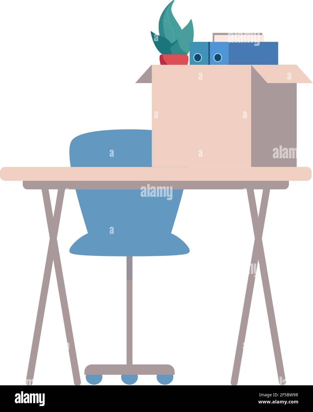 business desk in the office, on it is a box with things fired employee, depression. Job loss due to crisis, reduction, coronavirus, economic downturn. Dismissed worker, unemployment. Vector flat. Stock Vector