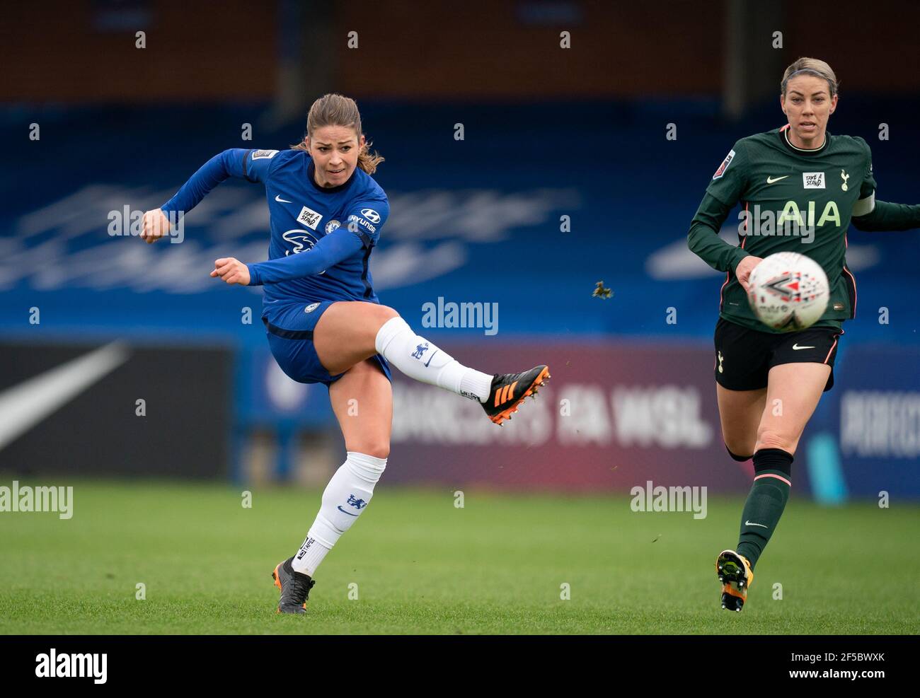 Melanie Leupolz of Chelsea Women scores the first goal during the FAWSL behind closed doors match between Chelsea Women and Tottenham Hotspur Women  a Stock Photo