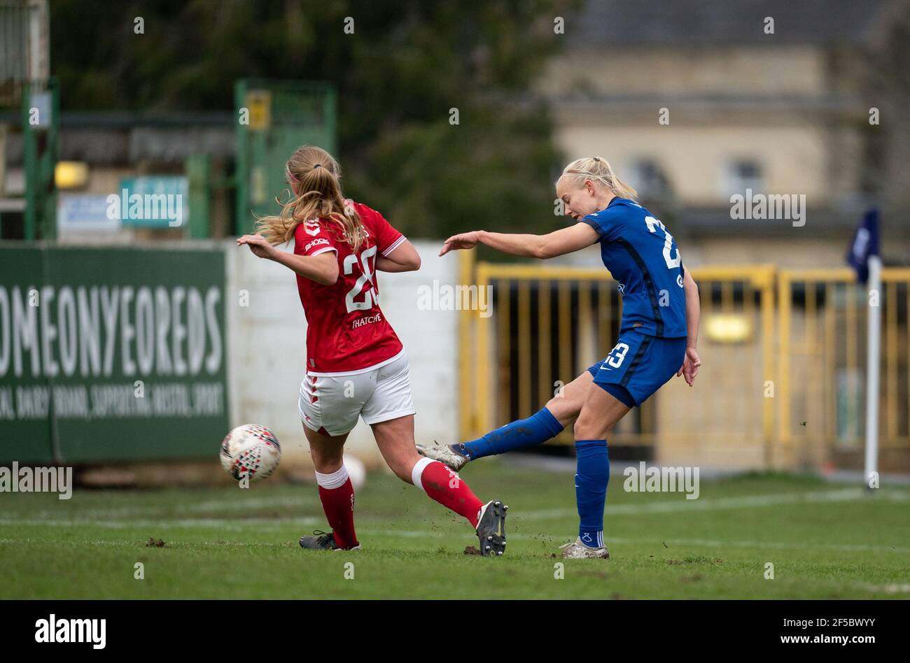 Pernille Harder of Chelsea Women scores a goal to make it 2-0 during the FAWSL behind closed doors match between Bristol City Women and Chelsea Women Stock Photo