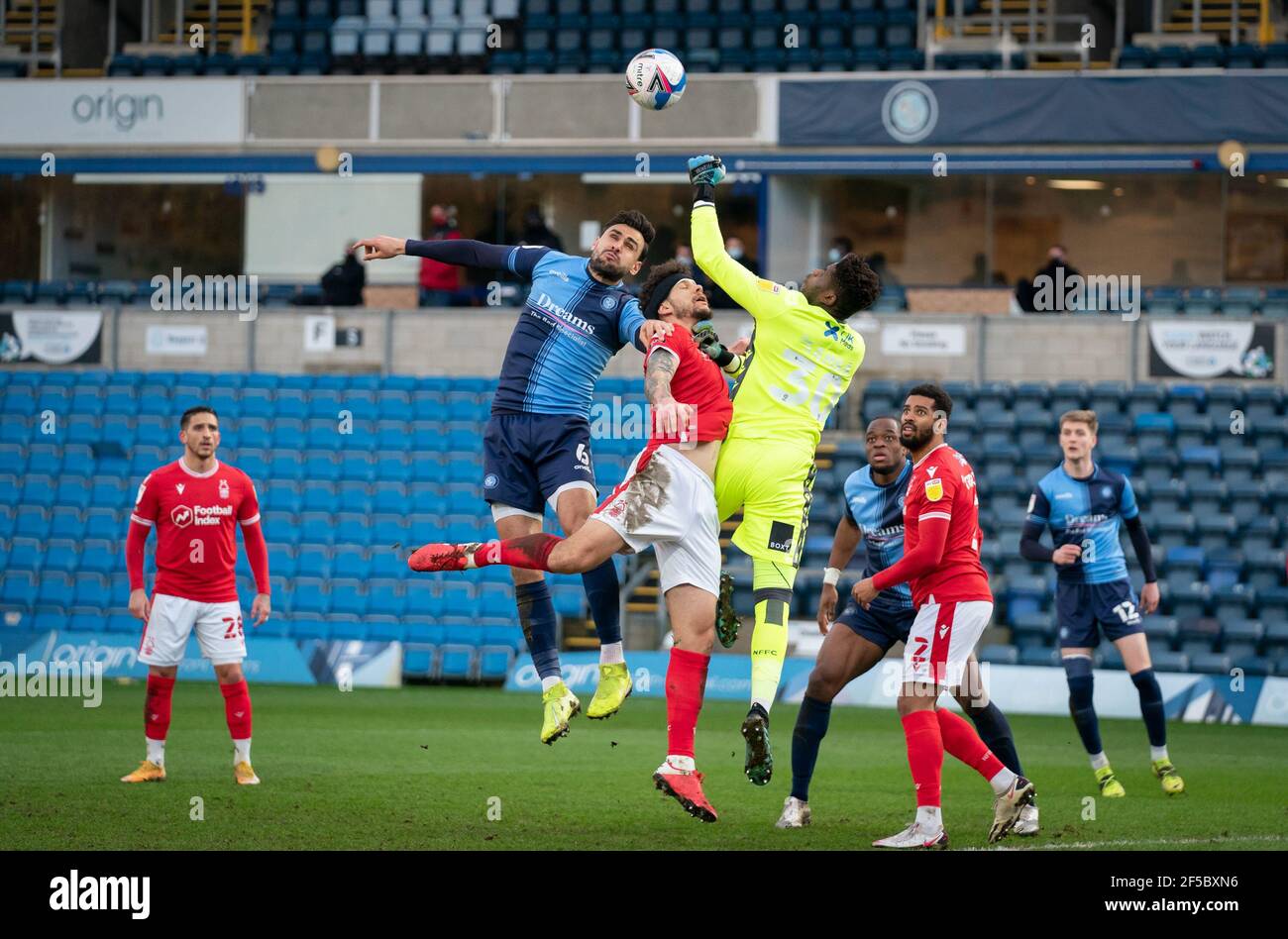 Ryan Tafazolli of Wycombe Wanderers & Tobias Figueiredo of Nottingham Forest during the Sky Bet Championship behind closed doors match between Wycombe Stock Photo