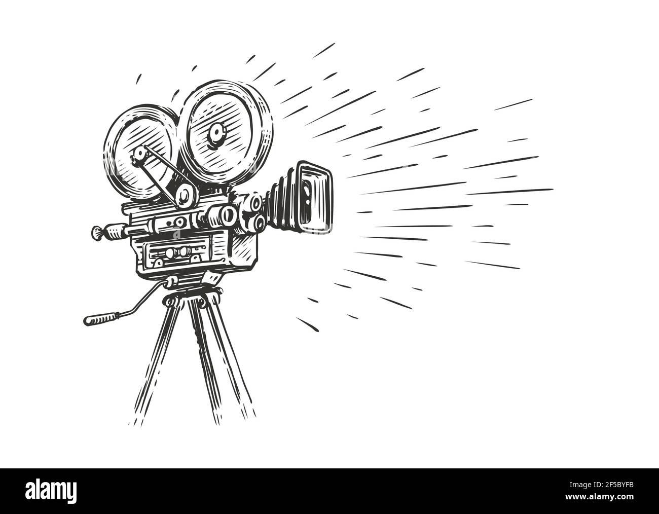 Retro movie camera in vintage engraving style. Screen version, screening sketch vector illustration Stock Vector