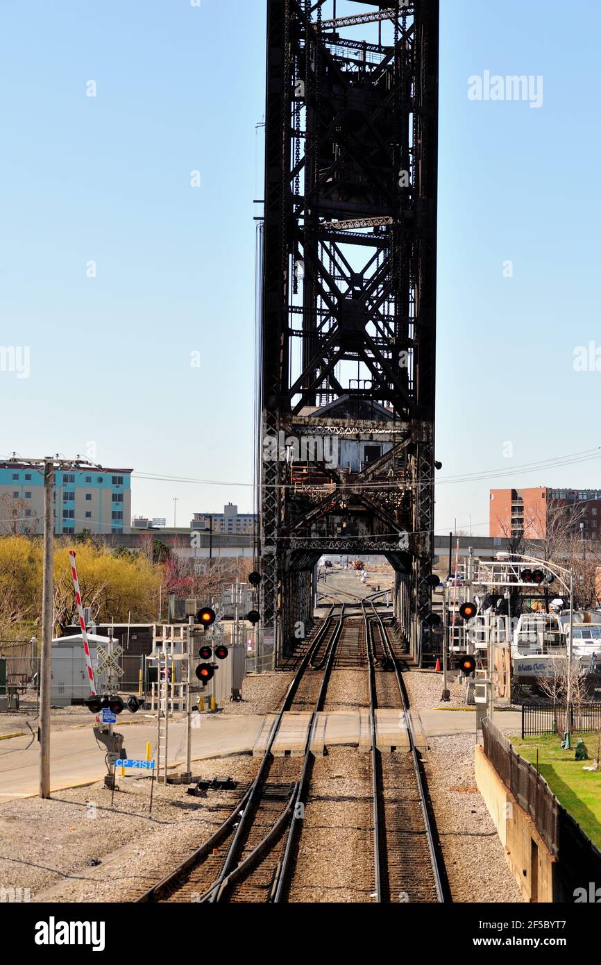 Chicago, Illinois, USA. Chicago's venerable Canal Street Railroad Bridge over the South Branch of the Chicago River. Stock Photo