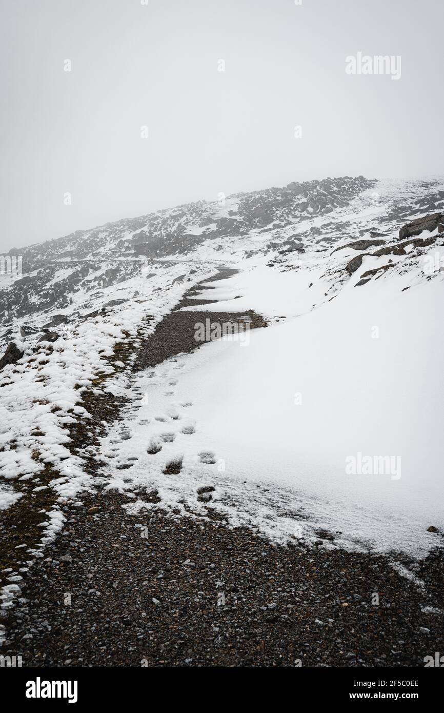 The winding, snowcovered path on the Kosciuszko Summit Walk in
