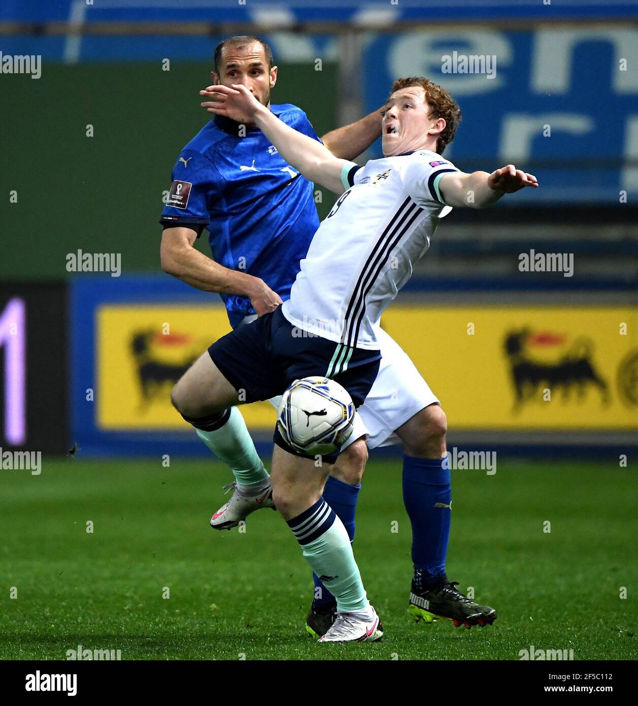 Parma. 26th Mar, 2021. Italy's Giorgio Chiellini (L) vies with Northern Ireland's Shayne Lavery during the FIFA World Cup 2022 qualifier Group C match between Italy and Northern Ireland in Parma, Italy, March 25, 2021. Credit: Xinhua/Alamy Live News Stock Photo