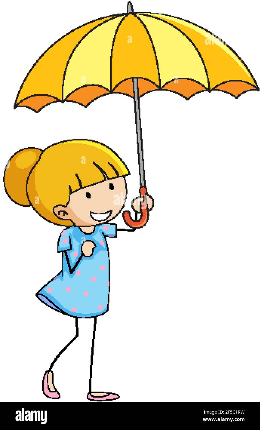 Cute girl holding umbrella doodle cartoon character isolated