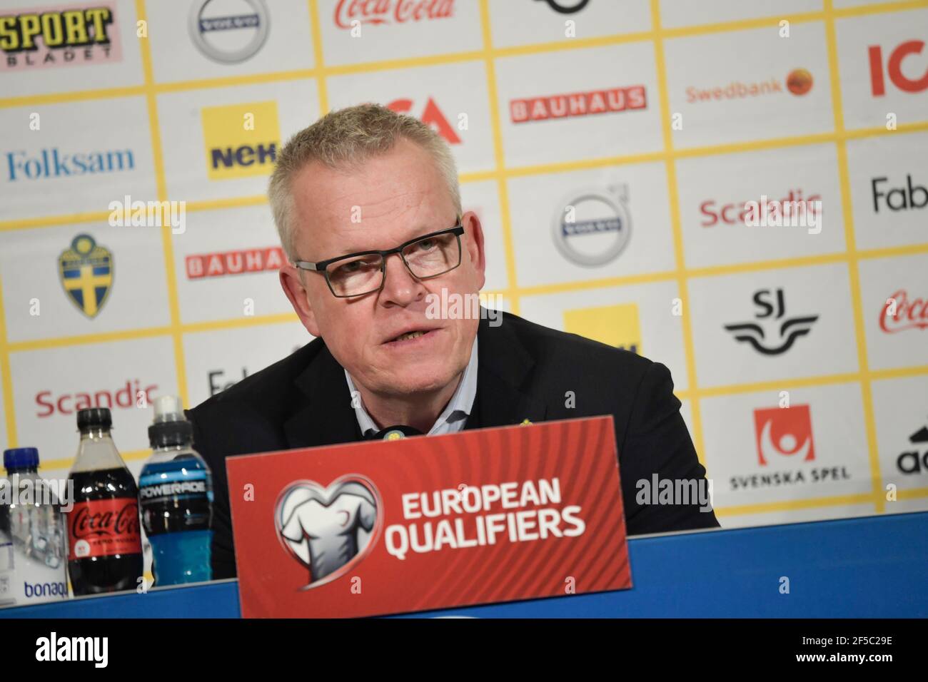 STOCKHOLM 20210325 Sweden's  head coach Janne Andersson at a news conference after World Cup qualifier group A soccer game between Sweden and Georgia at Friends Arena Thursday March 25, 2021.Foto: Pontus Lundahl/TT kod 10050 Stock Photo