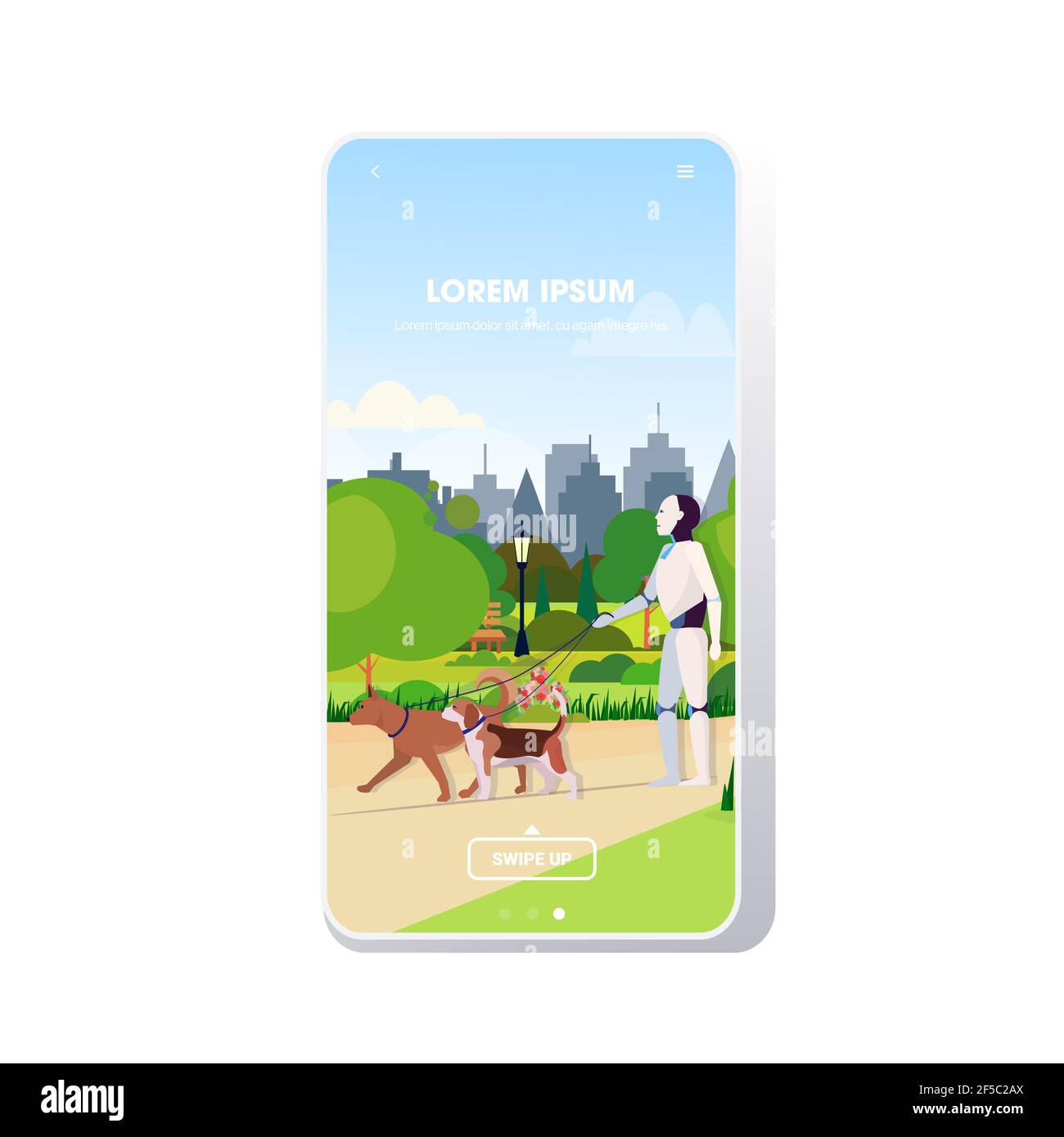 modern robot walking with dogs artificial intelligence technology concept public park cityscape background smartphone screen mobile app copy space Stock Vector