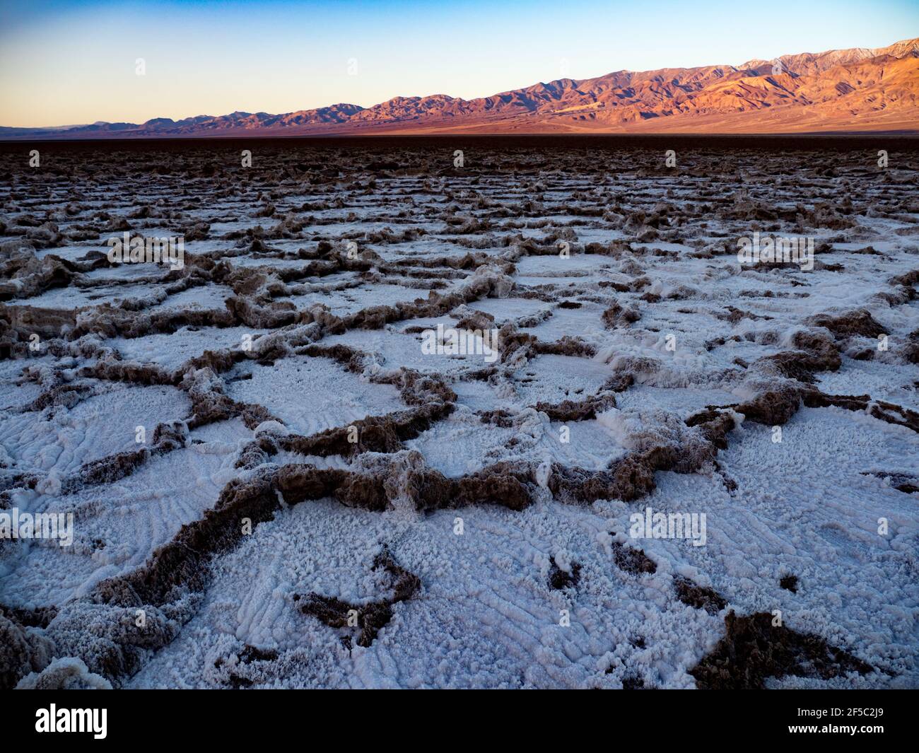 The salt flats at Badwater basin, the lowest point in the USA at Death Valley National Park, California, USA Stock Photo