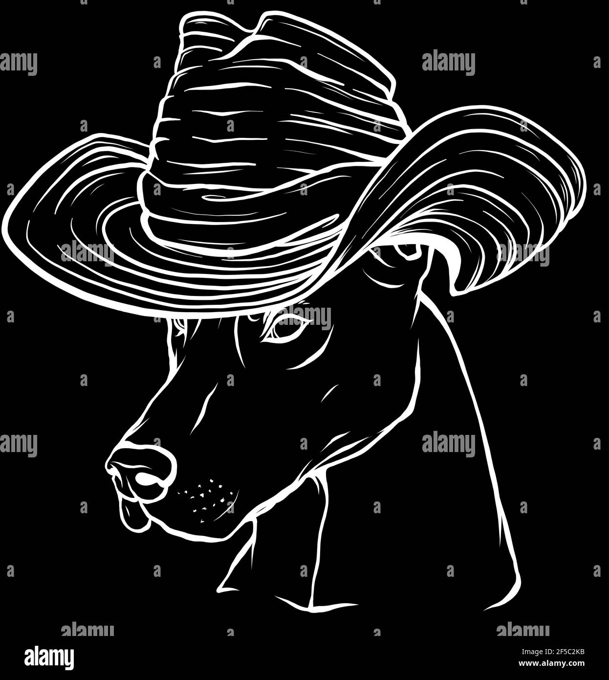 white silhouette of Dobermann dog face with hat on black background Stock Vector