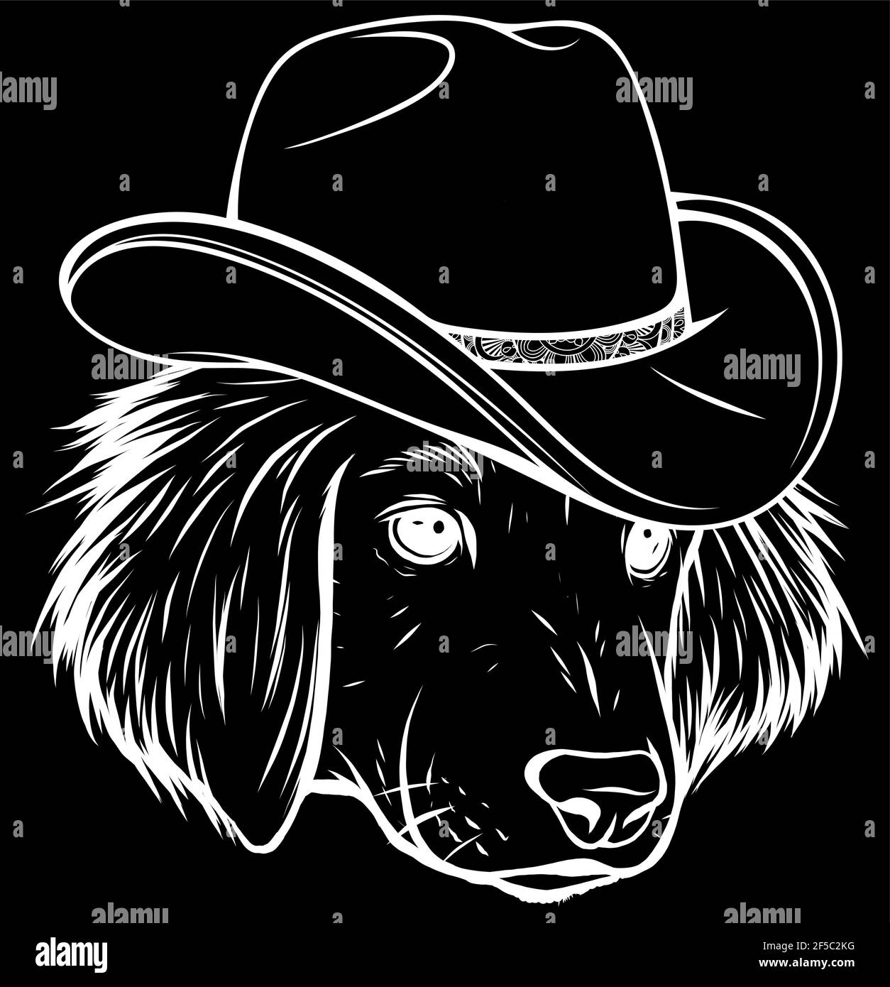 white silhouette of gangster dog with fedora hat on black background Stock Vector