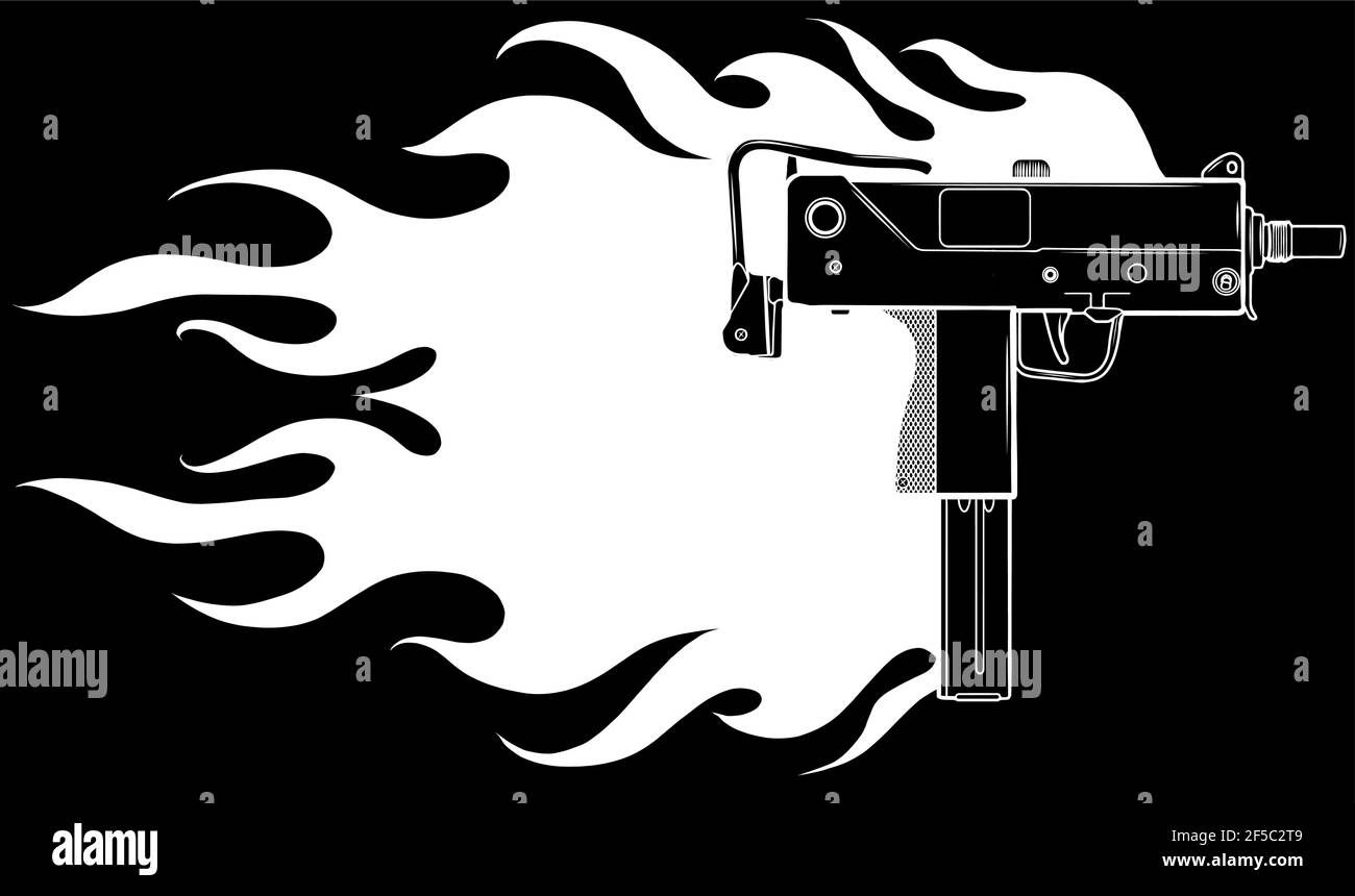 Vector illustration of a uzi gun with flames Stock Vector