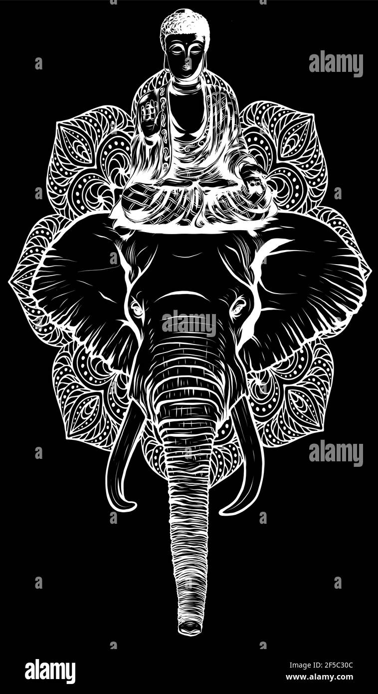 white silhouette of buddha statue above head of elephant vector Stock Vector