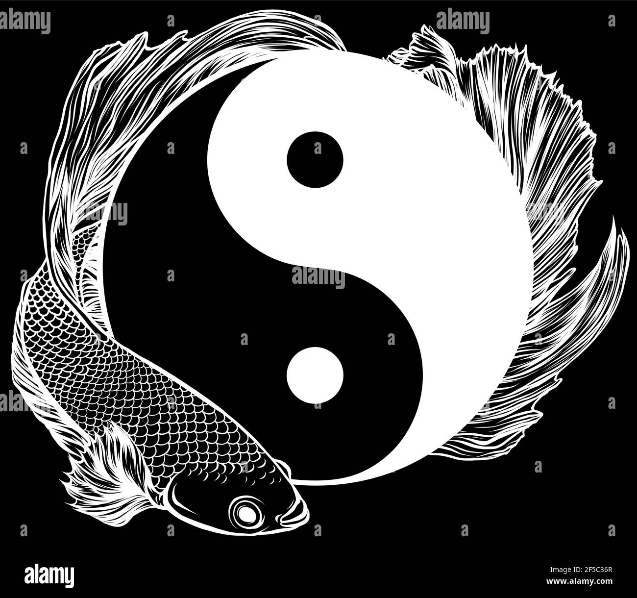white silhouette of Yin Yang betta splendens fish vector illustration art Stock Vector